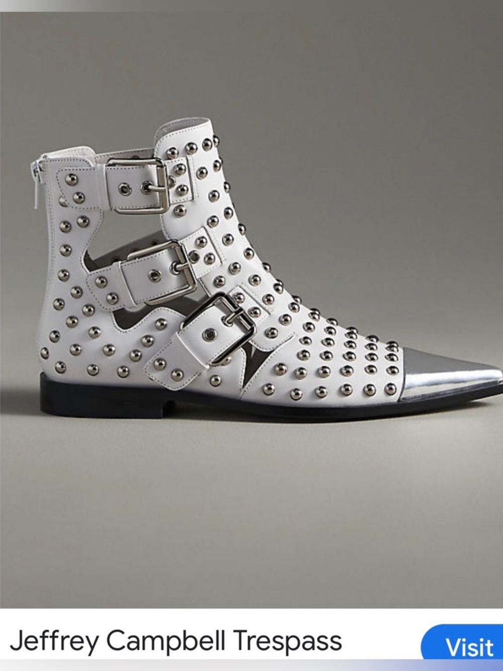 Jeffrey Campbell White Studded Buckle Cutout Ankle Boots with Silver Cap Toe 🔥